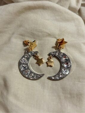 Free People Mixed Metal Crystal Moon and Star Dangle Earrings